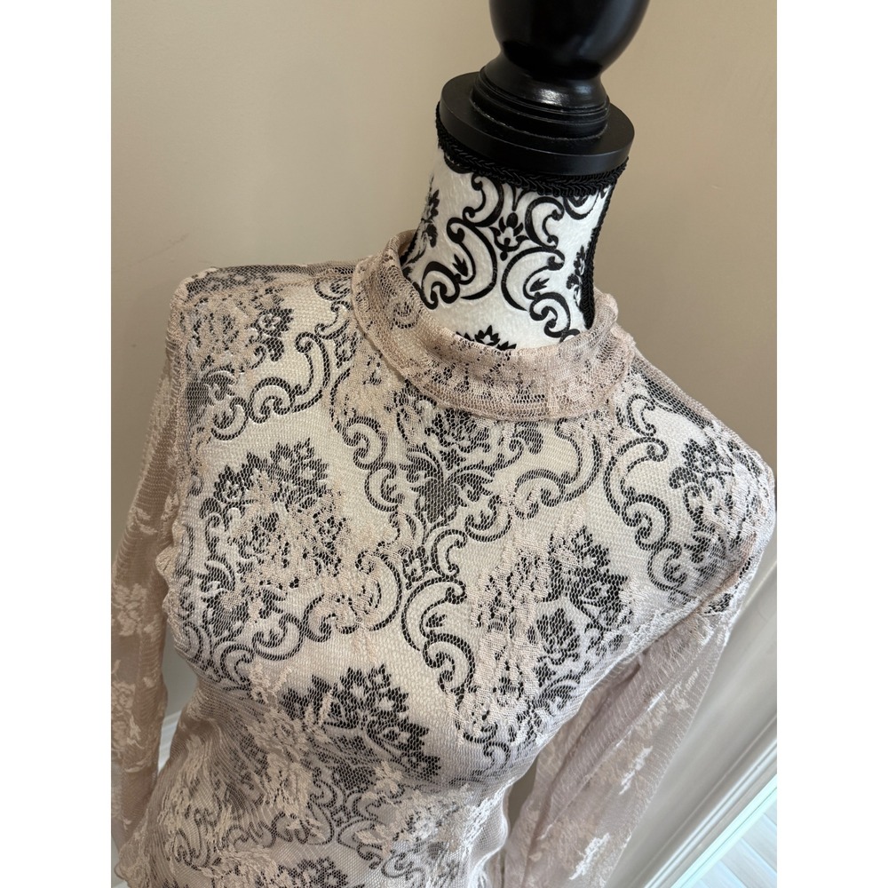 Womens Beige Lace Damask Mock Neck Sheer Long Sleeve Top Size S Whimsygoth - Picture 2 of 9